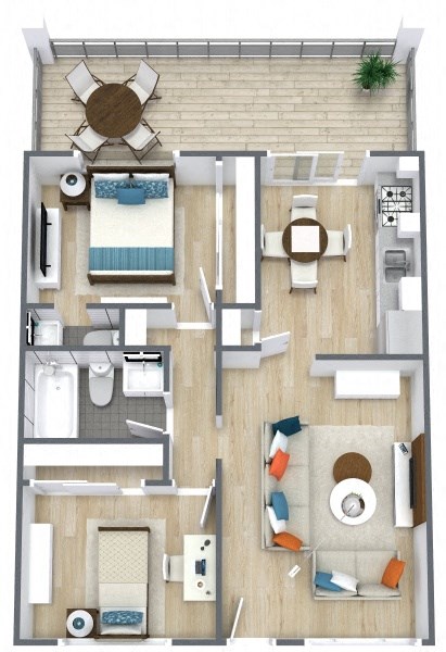 a 3d drawing of a bedroom with a living room and a dining room